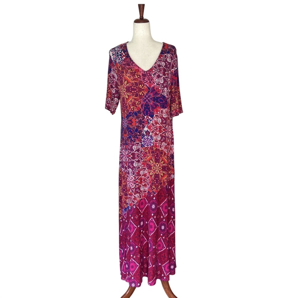 Soft Surroundings Maxi Dress Women's Large Boho Patchwork Mandala Floral V Neck